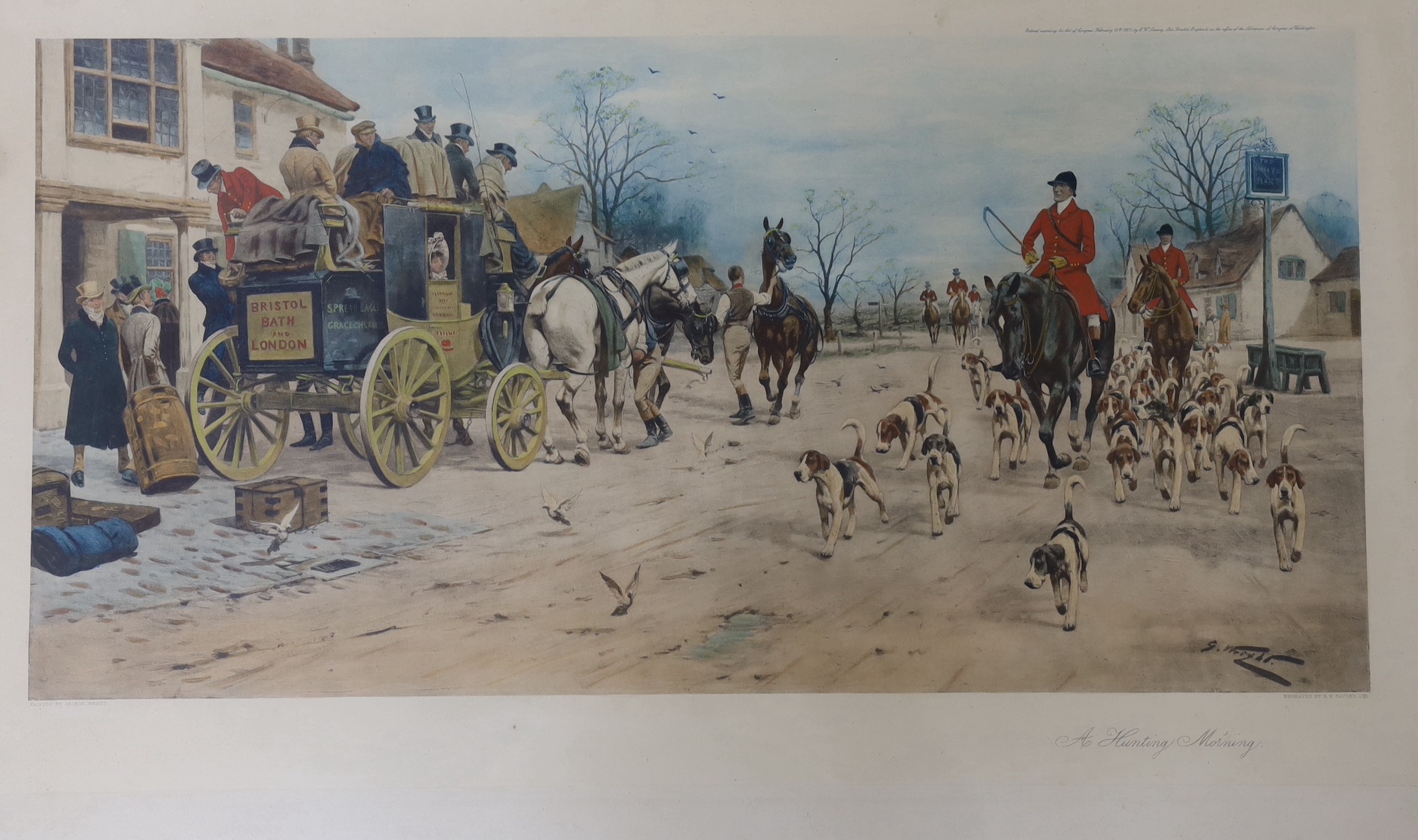Cecil Aldin (1870-1935), pair of colour prints, 'Good Morning Mrs Flanagan' and 'Good Morning Squire Brown', overall 33 x 47cm and a photo-lithograph, 'A Hunting Morning', after George Wright, overall 50 x 82cm, all mapl